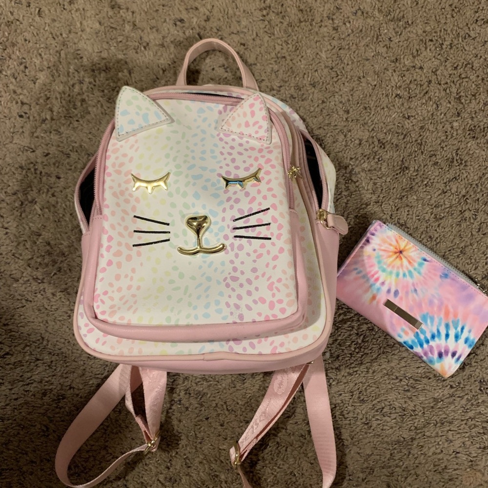 Luv Betsy Johnson kitty backpack with tie-dyed wallet